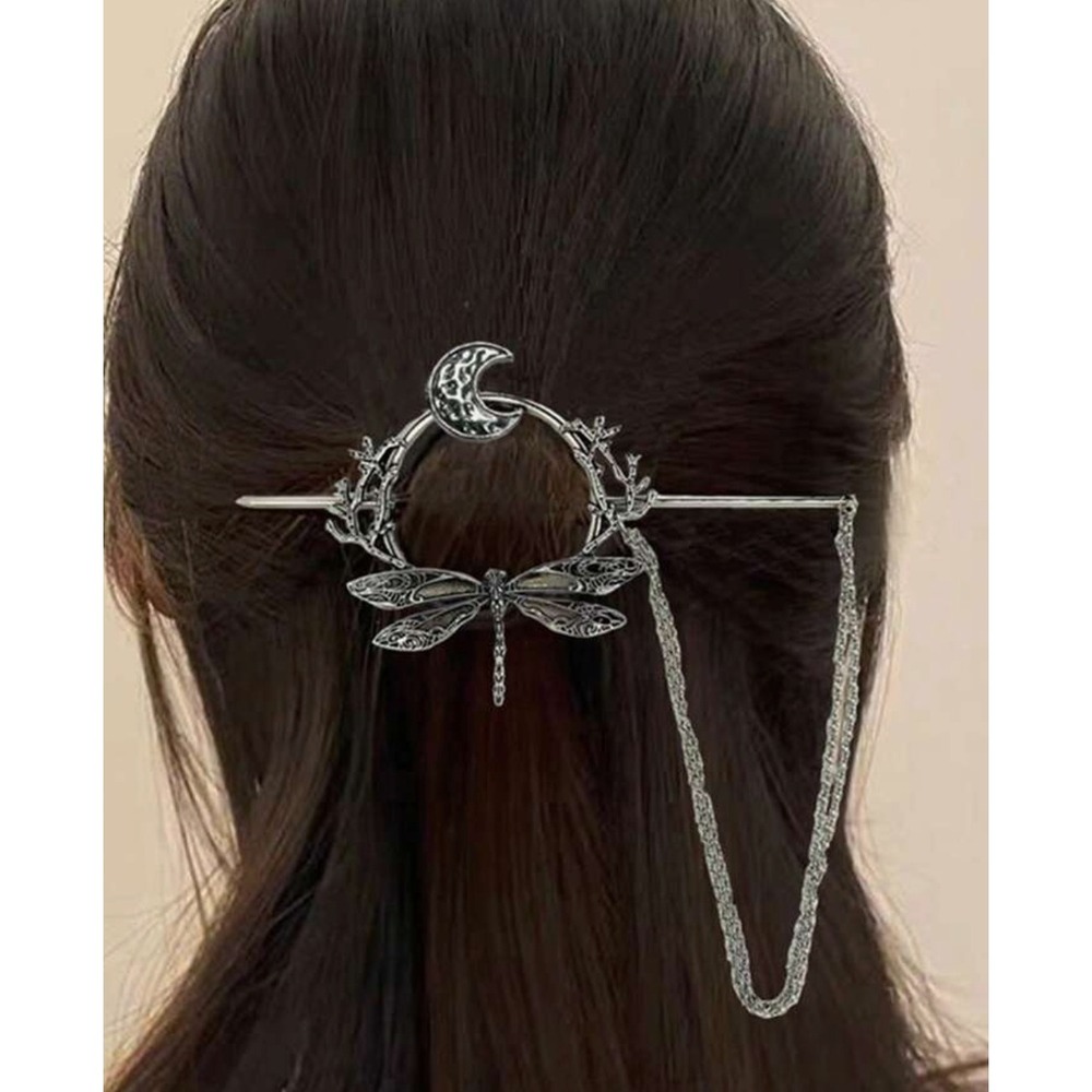 Gothic Dragonfly Hair Slide Crescent Moon Silver Tone Hair Pin Chain Accessory